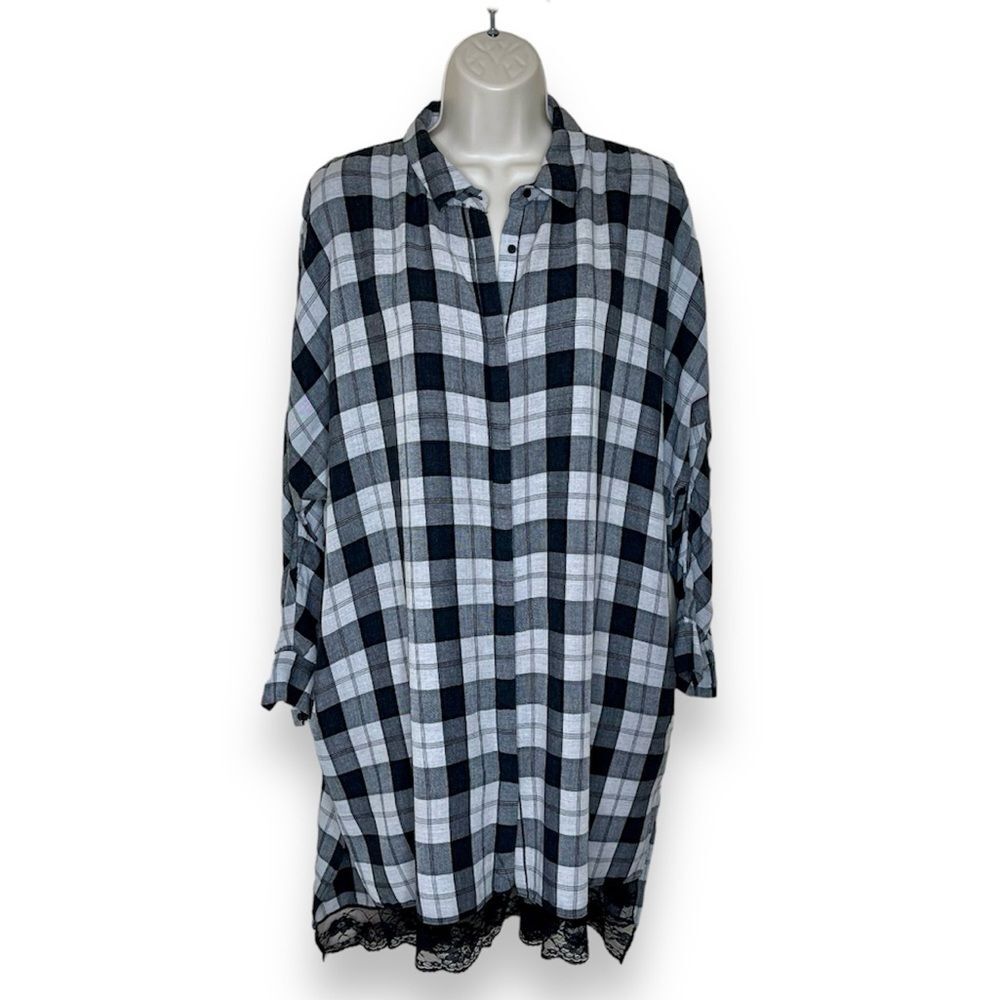 Zara Trafaluc Collection Plaid Lace Dolman Sleeve Black White Shirt Dress Large